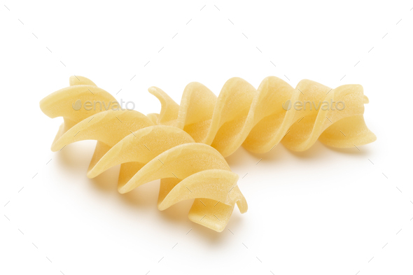 Italian twisted pasta fusilli isolated on white background. Fusilloni ...